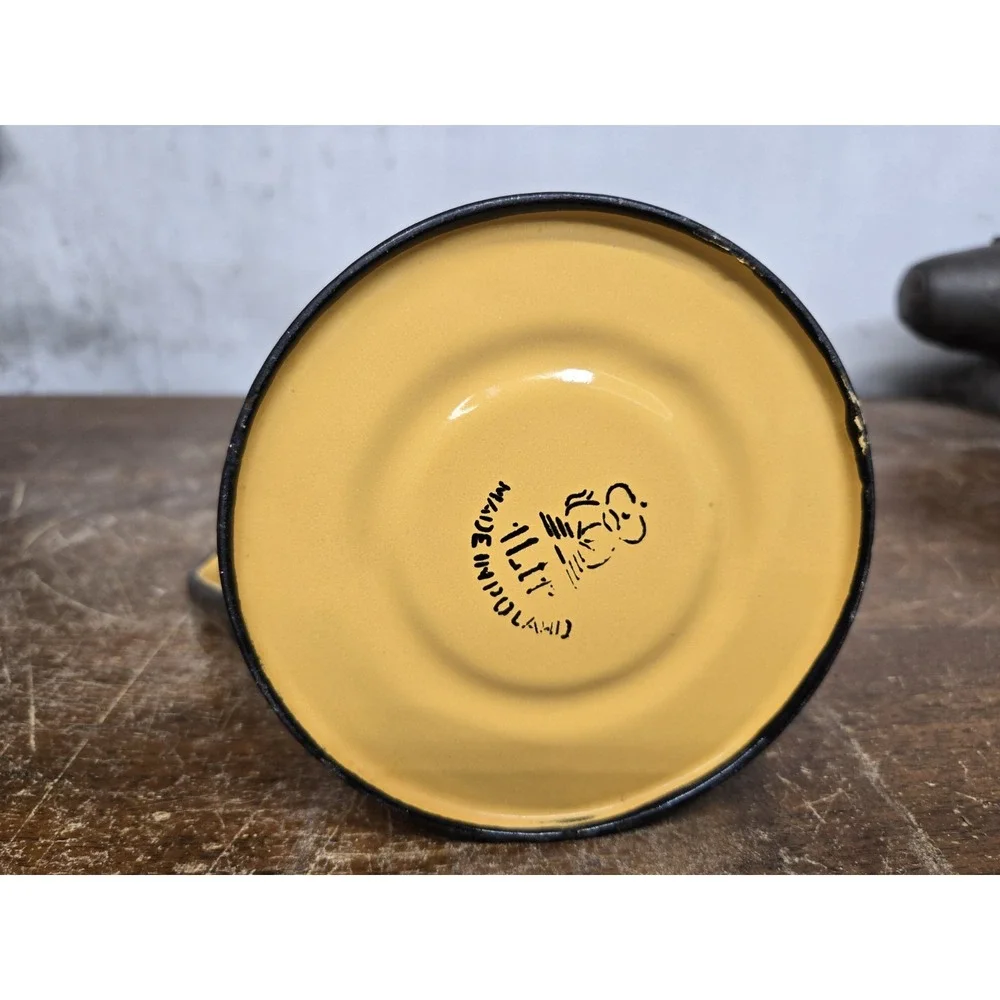 Vintage Huta Silesia Poland Yellow Enamelware Coffee Pot Kettle Black Trim